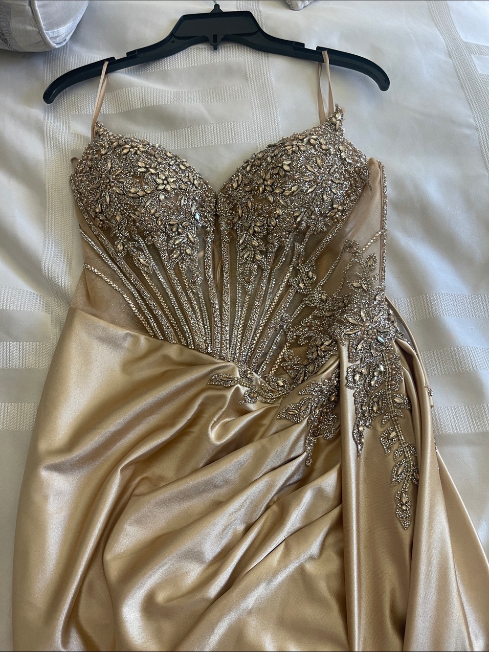 Gold Embellished Satin Prom Dress with Beaded Bodice